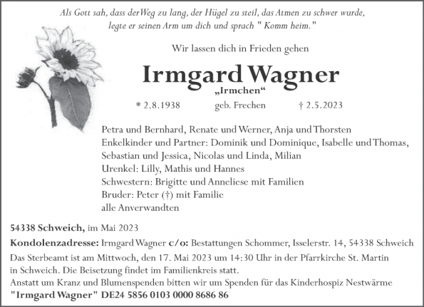 Traueranzeige Irmgard Wagner