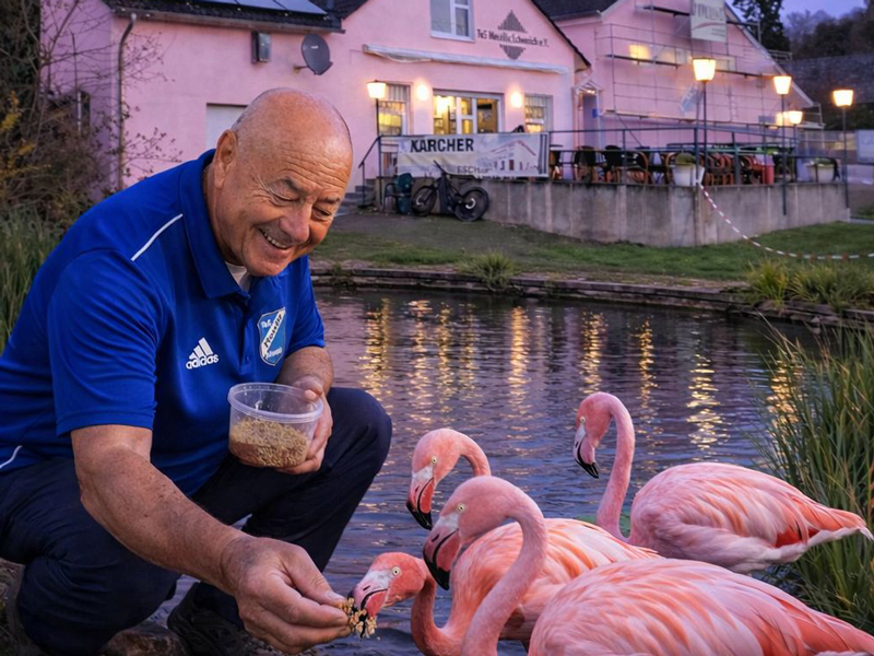 Flamingo-Fütterung auf dem Sportplatz am Winzerkeller