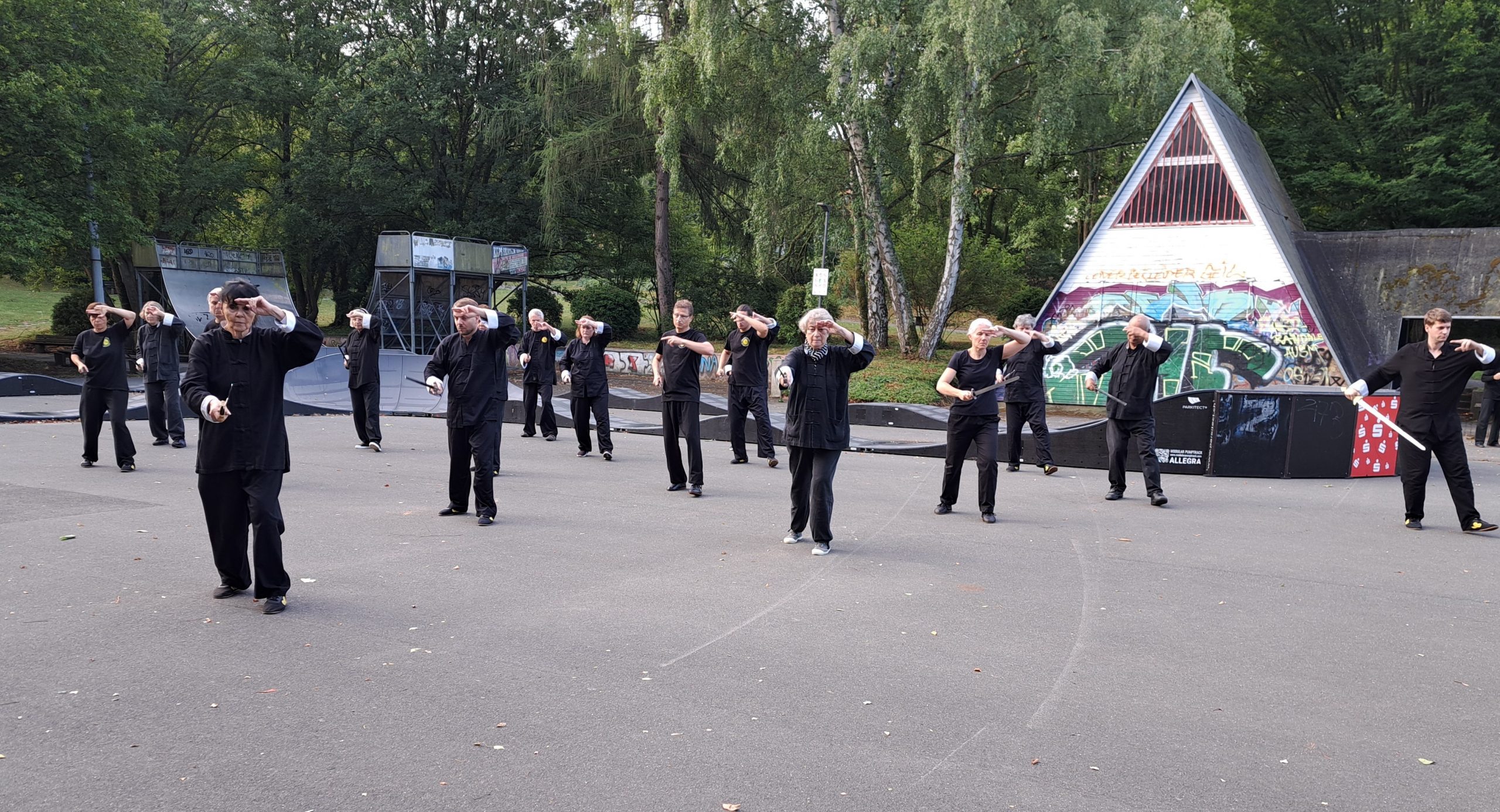 Die Teilnehmerinnen und Teilnehmer, die sich nur dem Tai Chi Chuan widmeten, übten die normalen Formen ohne Waffen wie auch die mit Schwert und Fächer. Die Teilnehmerinnen und Teilnehmer, die sich nur dem Tai Chi Chuan widmeten, übten die normalen Formen ohne Waffen wie auch die mit Schwert und Fächer.