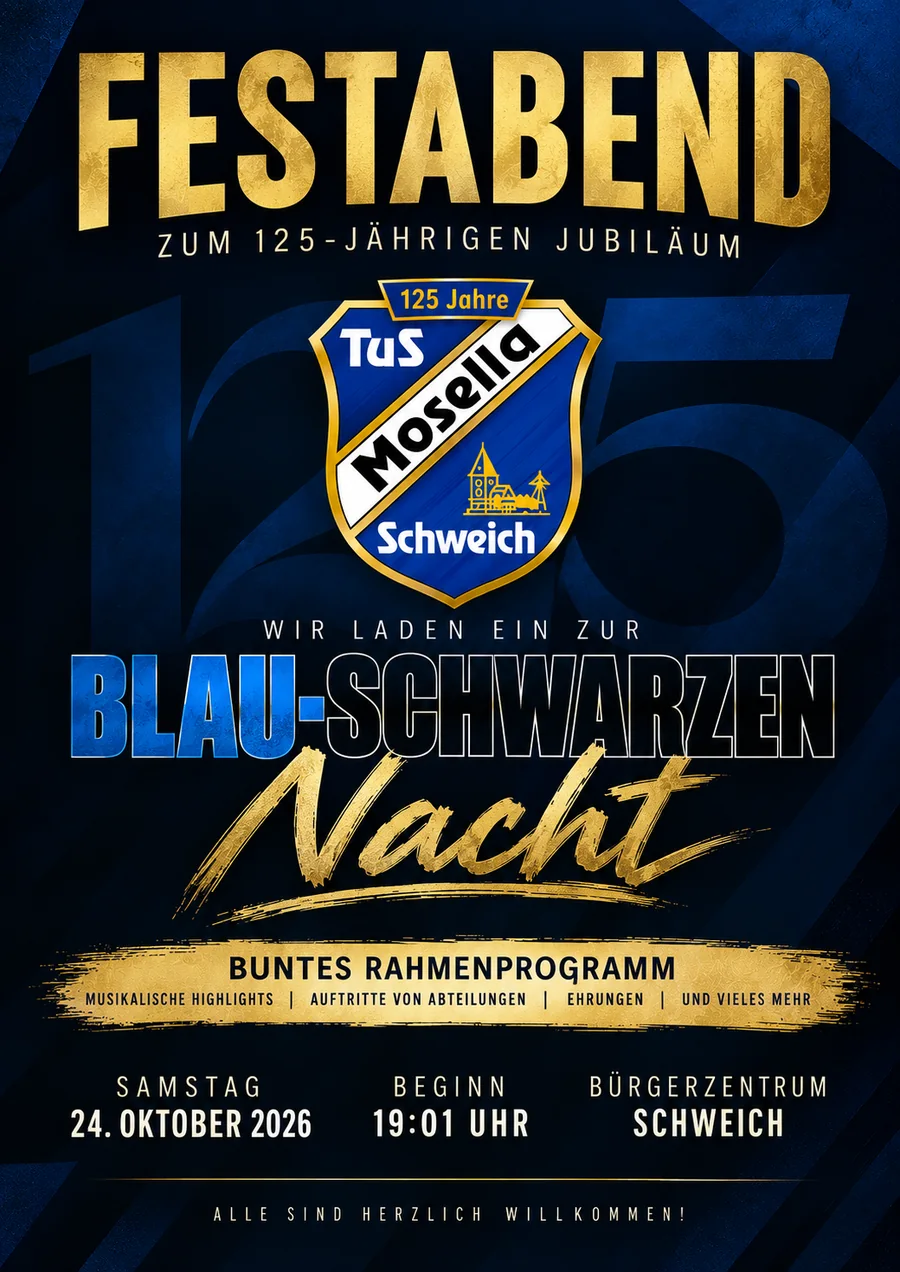 Plakat zur Blau-Schwarzen Nacht – 125 Jahre TuS Mosella Schweich am 24. Oktober 2026 im Bürgerzentrum Schweich