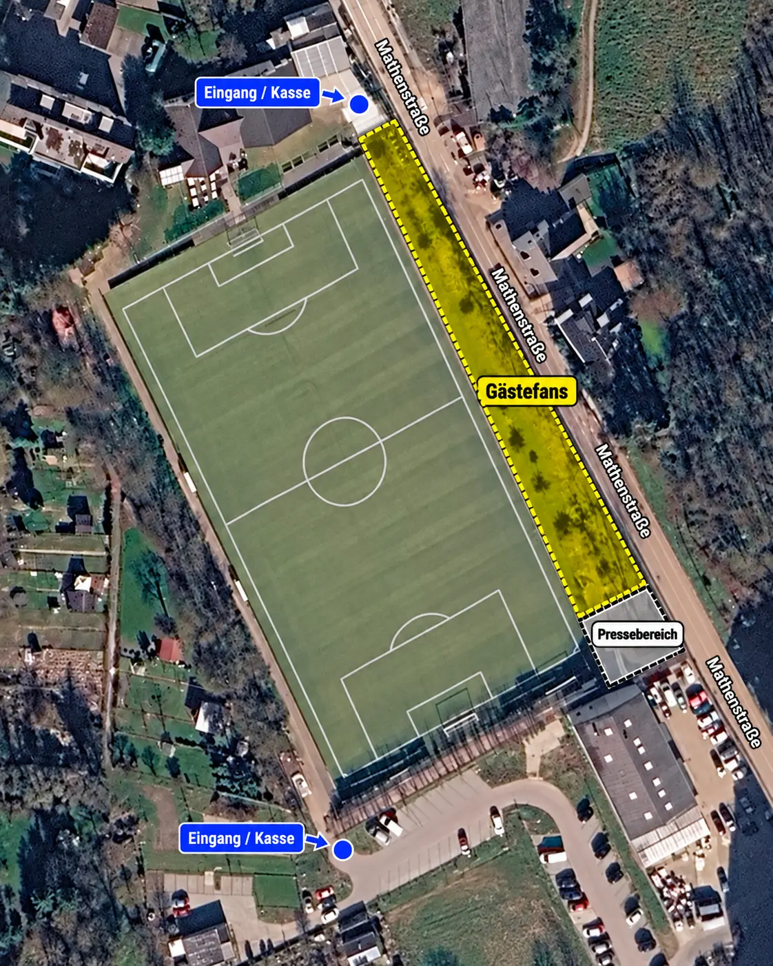 Sportplatzplan des Winzerkellers mit markiertem Gästebereich entlang der Mathenstraße, Pressebereich sowie zwei Eingängen und Kassen
