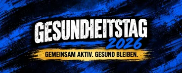 Gesundheitstag 2026 – Gemeinsam aktiv. Gesund bleiben. auf blauem Hintergrund mit fließenden Lichtlinien.