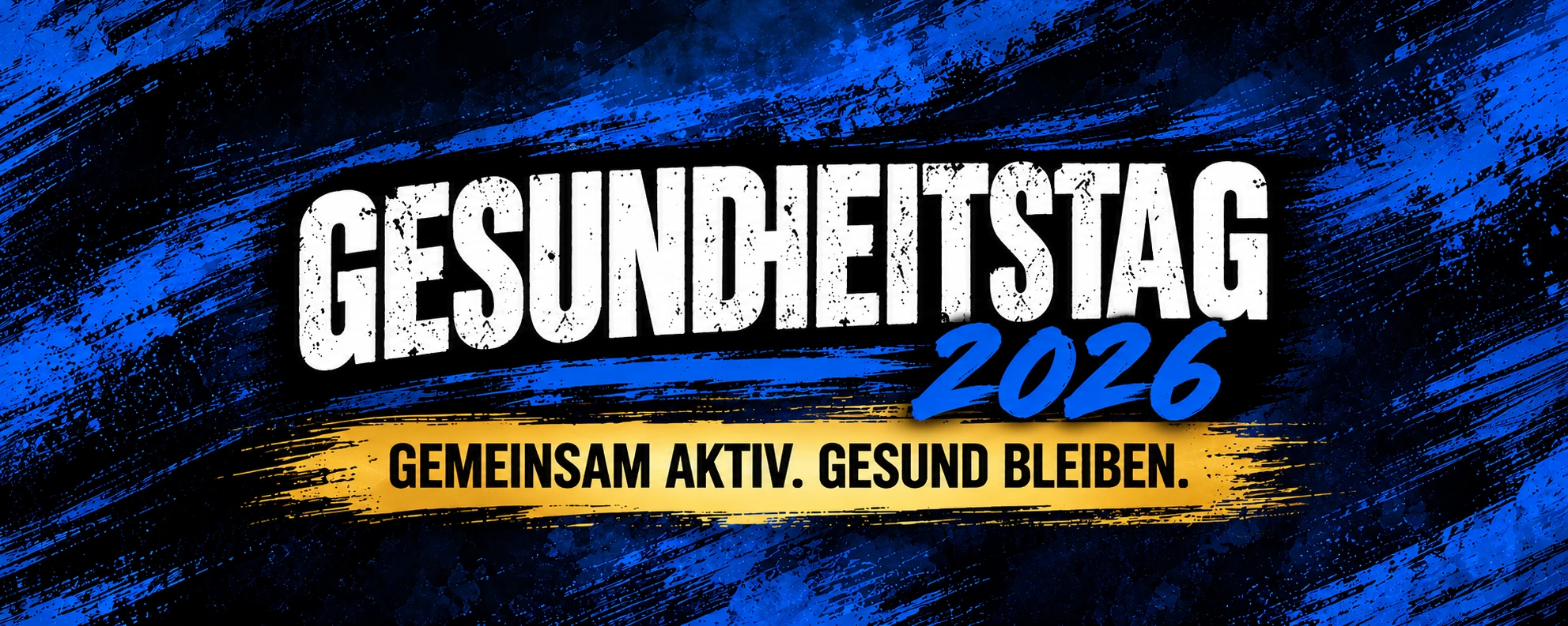 Gesundheitstag 2026 – Gemeinsam aktiv. Gesund bleiben. auf blauem Hintergrund mit fließenden Lichtlinien.